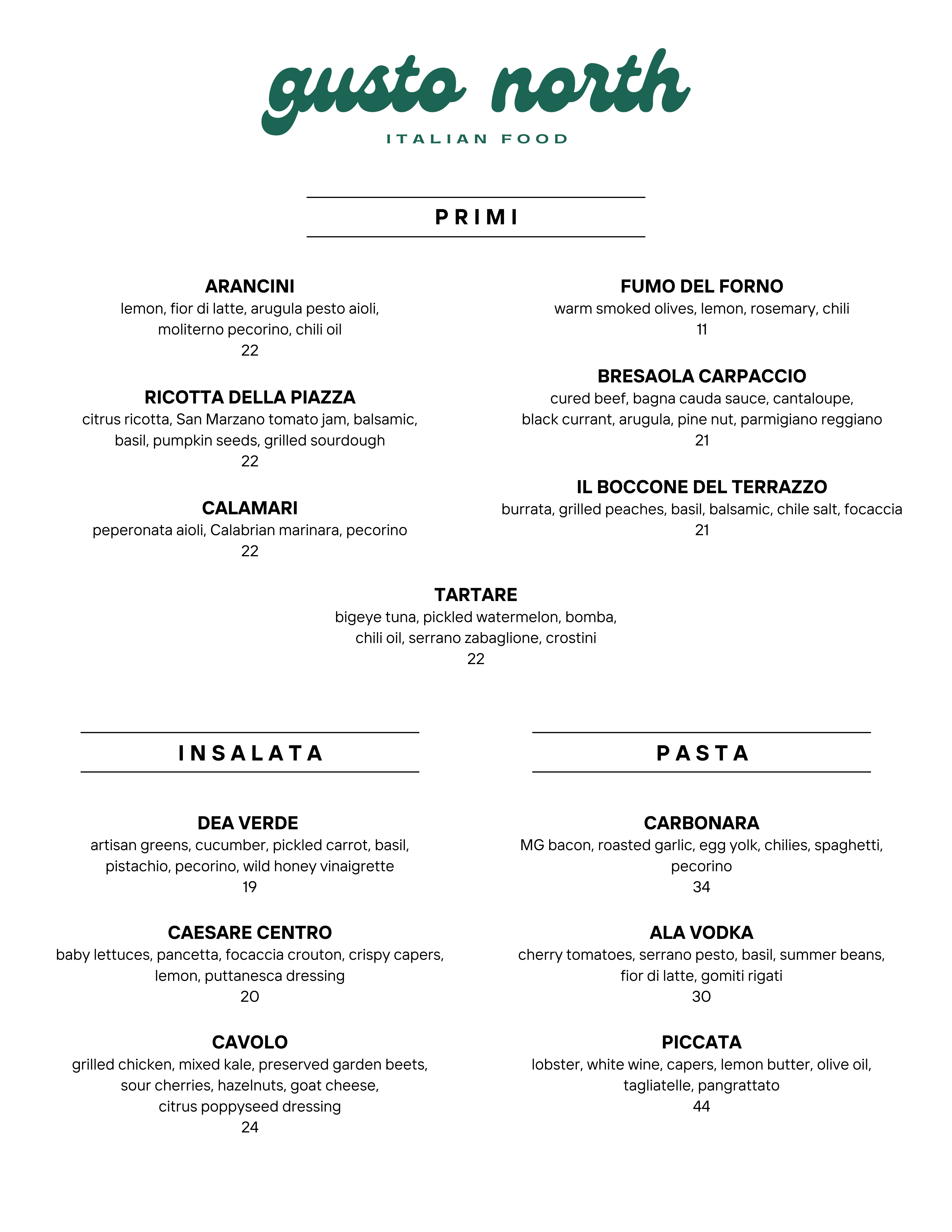 Winnipeg Italian Restaurant Menu